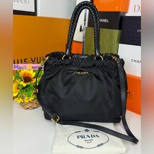 Auth PRADA Ribbon Tessuto Nylon Leather Black 2way Tote Bag